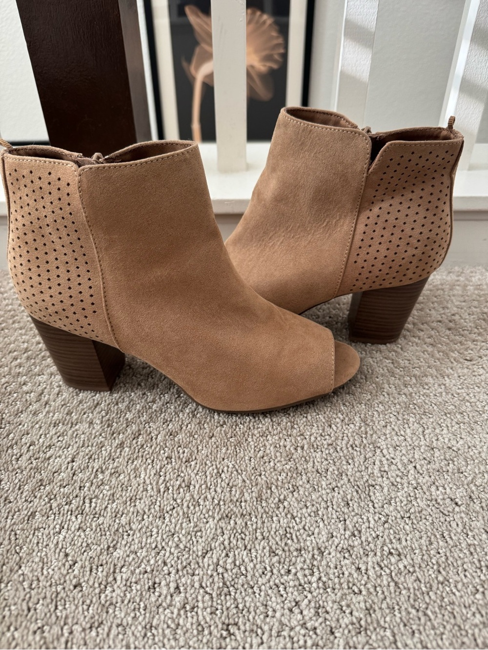 Women’s Tan Suede Peep-Toe Ankle Booties